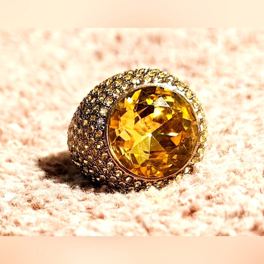 Juicy Couture Citrine Dome Statement Ring Gold Pave Crystal Adjustable One Size